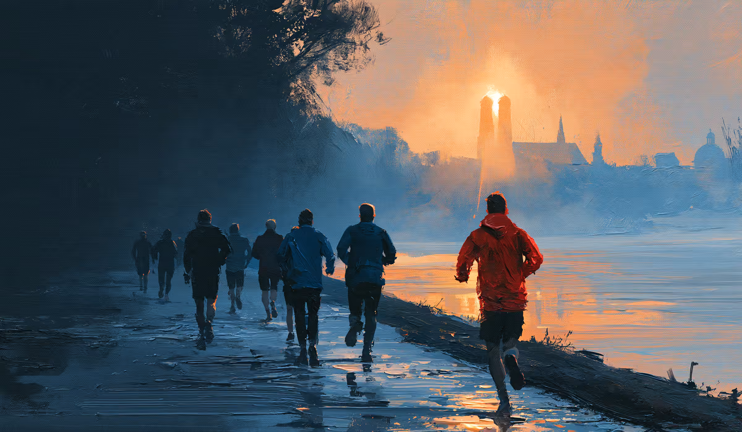 Painting of a group running along the river at dawn, one runner in a red jacket, Munich's towers in the sunrise