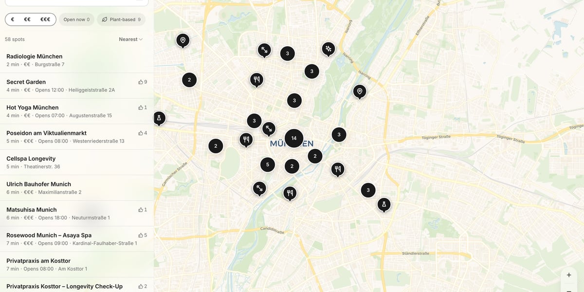 The Longevity Map of Munich showing 58 listed spots, with a list of addresses and opening hours on the left